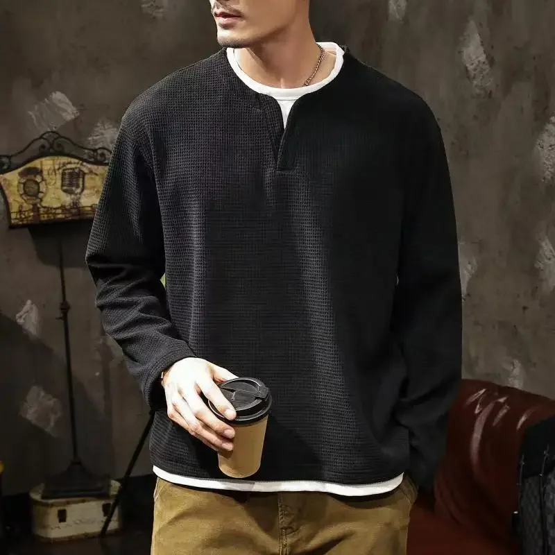 Spring and Autumn New Men Henley Neck T Shirt Long Sleeve Casual Solid Color T-Shirt Fashion Waffle Fake Two-Piece Sweatshirts