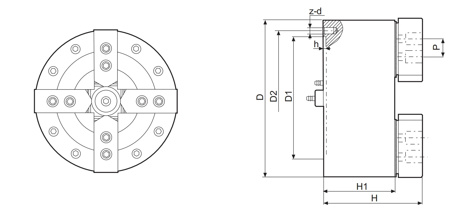 High Duability QS4 4 Jaw Lathe Chuck 6/8/10/12 Inch Solid built-in  pneumatic cylinder for lathe chuck