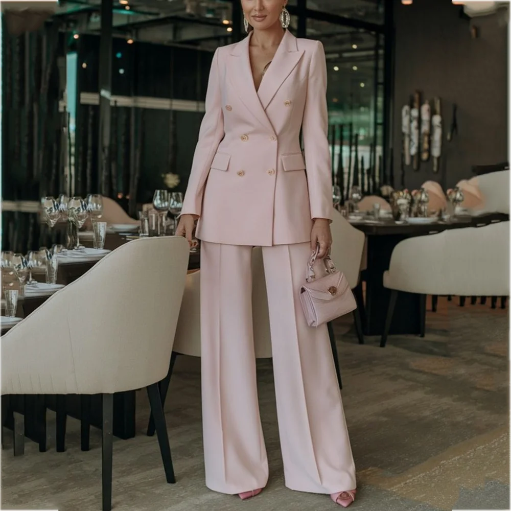 Light Pink Women's Suit Elegant Outfit Double Breasted Peaked Lapel Straight Business Office Female Formal Set Two Pieces