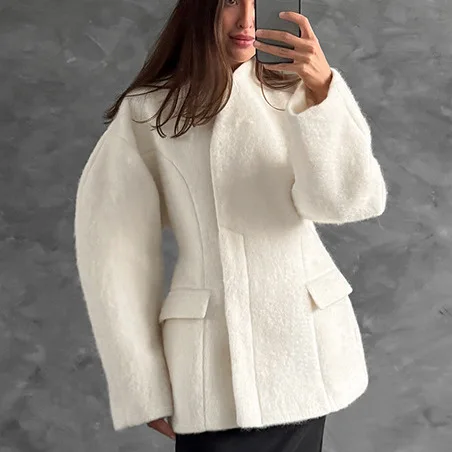 

European American Cross-Border New Autumn And Winter Thickened Woolen Coat For Women, Niche Design, Solid Color, Half-High