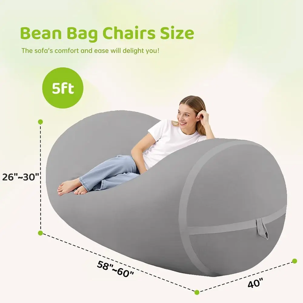 كرسي بين باج كبير مريح بطول 5 أقدام مع رغوة الذاكرة - رمادي فاتح للمعيشة وغرفة النوم وغرف القراءة #2