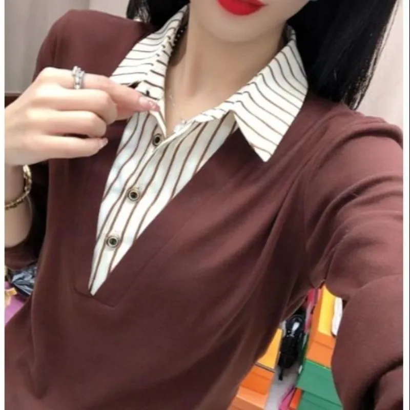 Autumn Winter Women's Pullover Turn-down Collar Striped Button Solid Color Patchwork Lantern Long Sleeved T-shirt Casual Tops