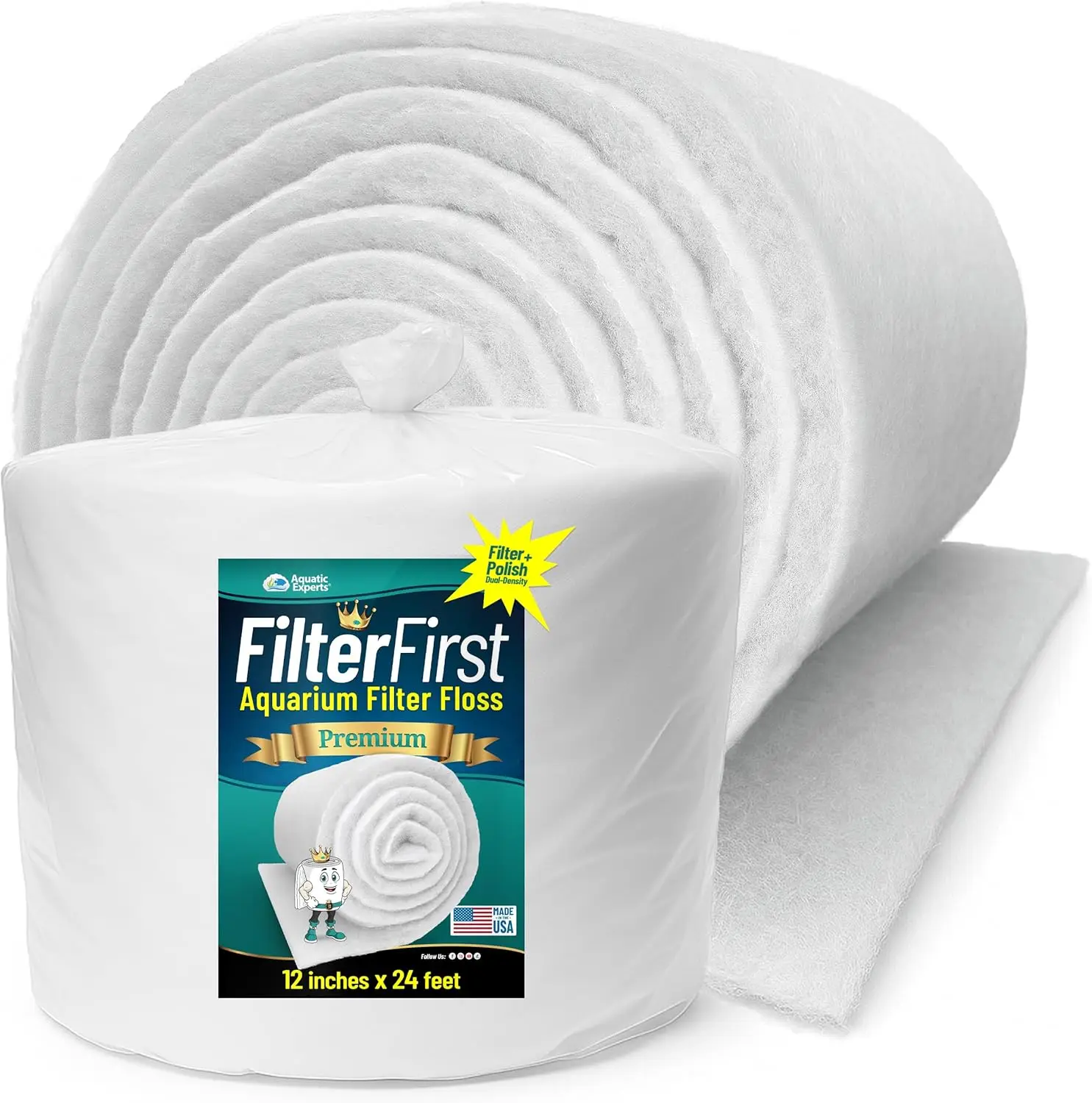 خيط فلتر حوض السمك بسمك 3/4 بوصة إلى 1 بوصة، بعرض 12 بوصة، بطول 24 قدمًا - لفة الوسائط الأولى للمياه الشفافة الكريستالية