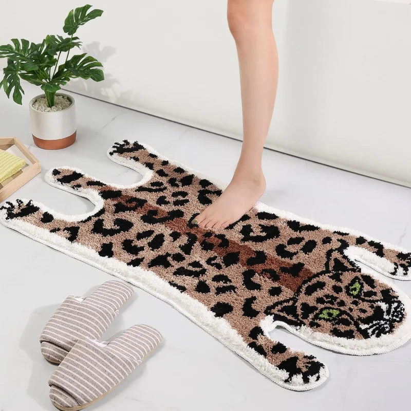 VIKAMA Leopard Panther Shaped Fluffy Soft Bath Mat Non Slip Water Absorbent Animal Doormat Bedroom Bathroom Floor Decor Rug