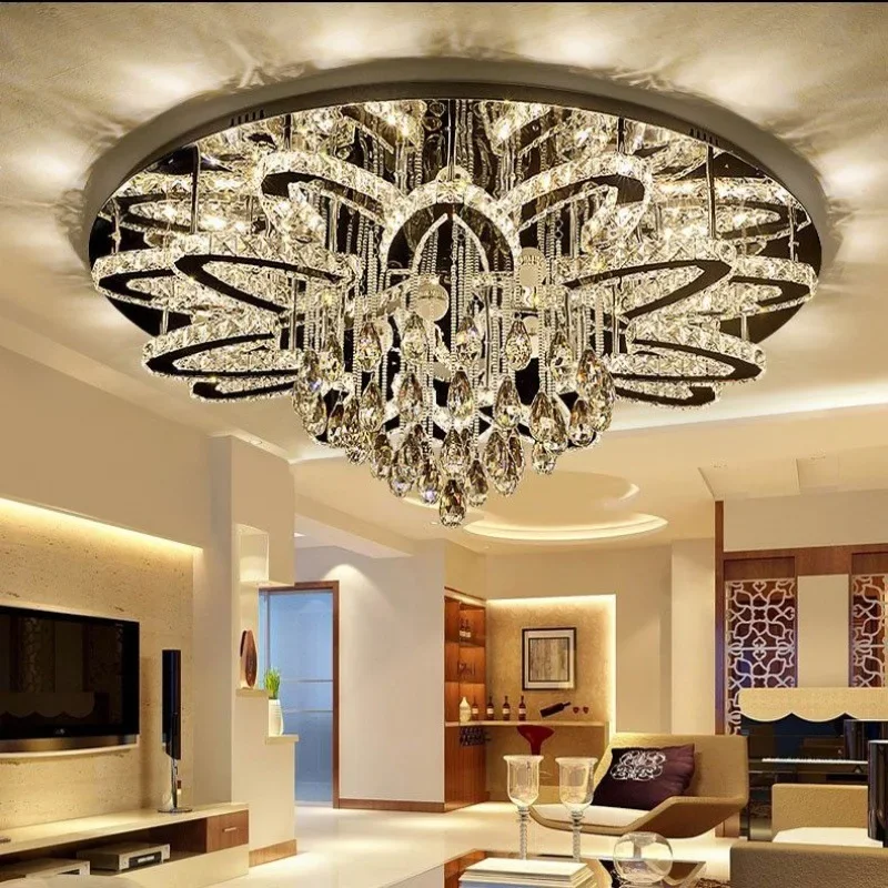 

2025 LED Modern Crystal Stainless Steel Round Dimmable Chandelier Lighting Lamparas for Foyer Living Room Home Decor