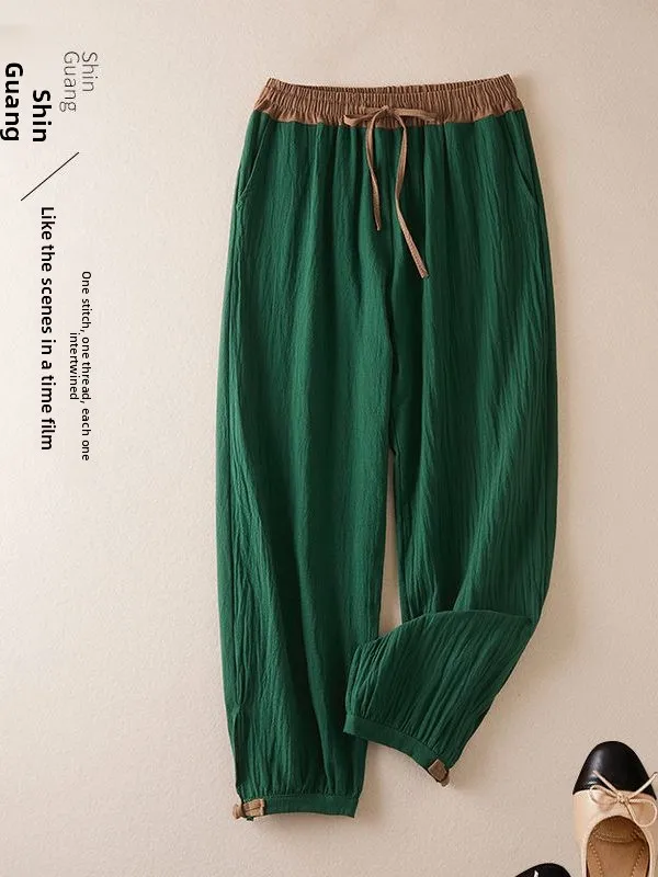 Retro Cotton Linen Harem Casual Pants Women's Summer New Color Block Elastic Waist Slimming Cuffed Nine Point Pants