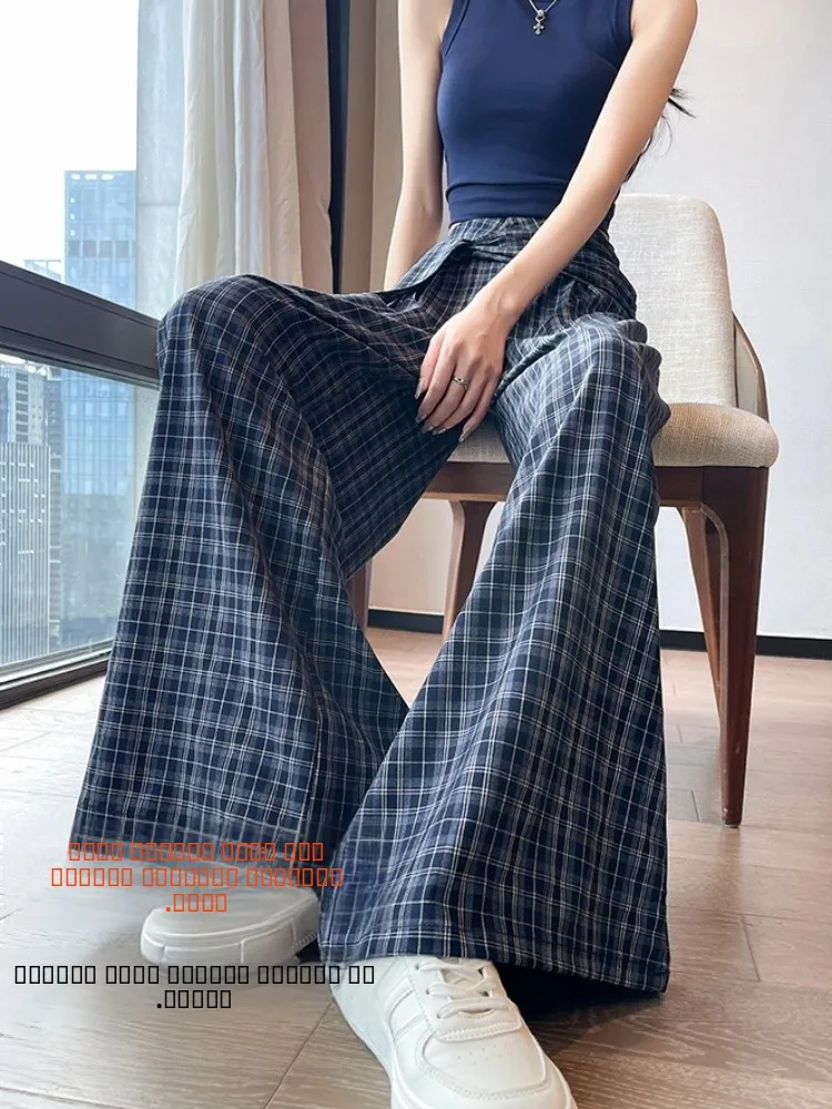Pantaloni a Gamba Larga a Vita Alta con Motivo Scozzese Blu Retrò, Pantaloni Estivi da Donna, Larghi e Snellenti, Casual, Lunghi con Cintura, Gamba Dritta...