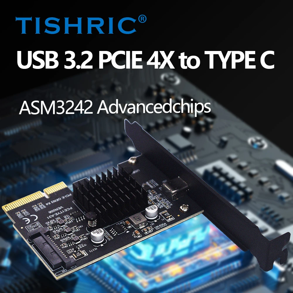 TISHRIC 20Gbps USB 3.2 PCIE 4X To Type C Gen2 Adapter Riser Card PCI Express 4X 8X 16X Expansion Card ASM3242 PCIE Controller