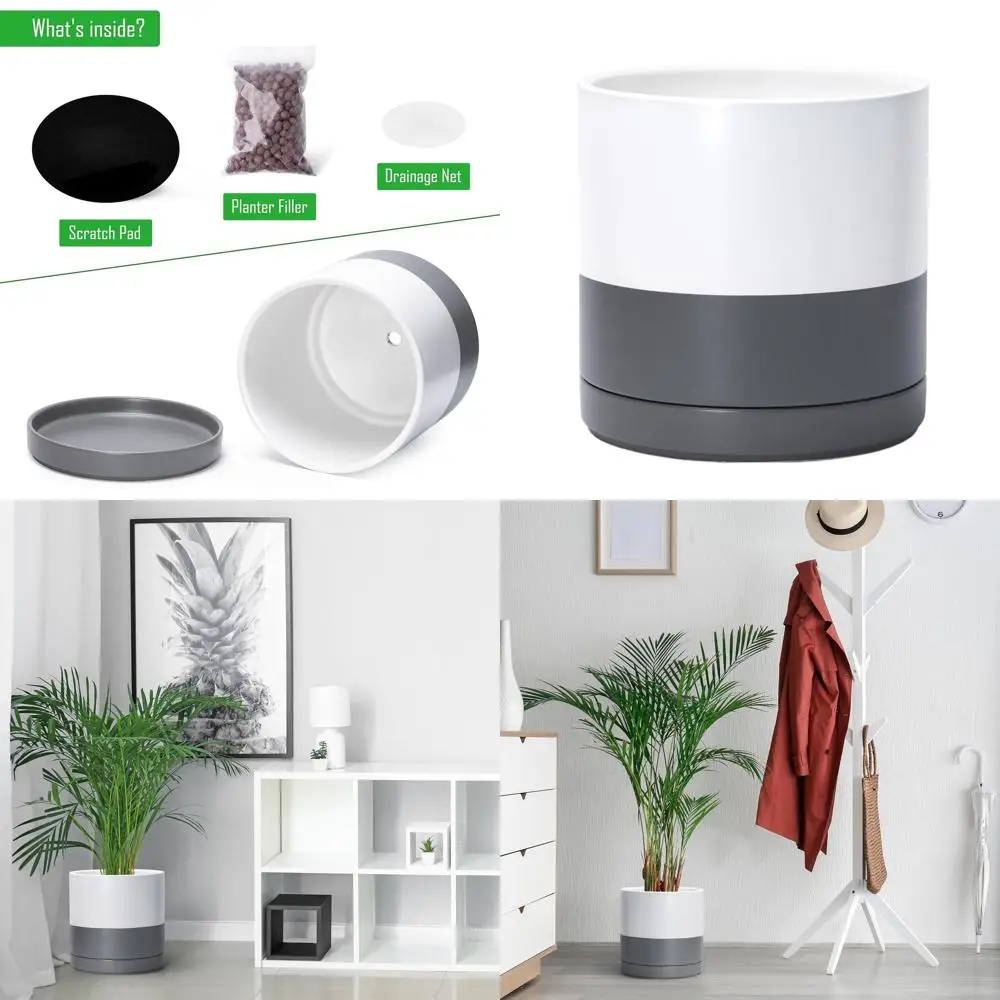 

10-дюймовая круглая керамическая кашпо с дренажем и блюдцем, декоративная кастрюля для дома, белый/серый в крапинку