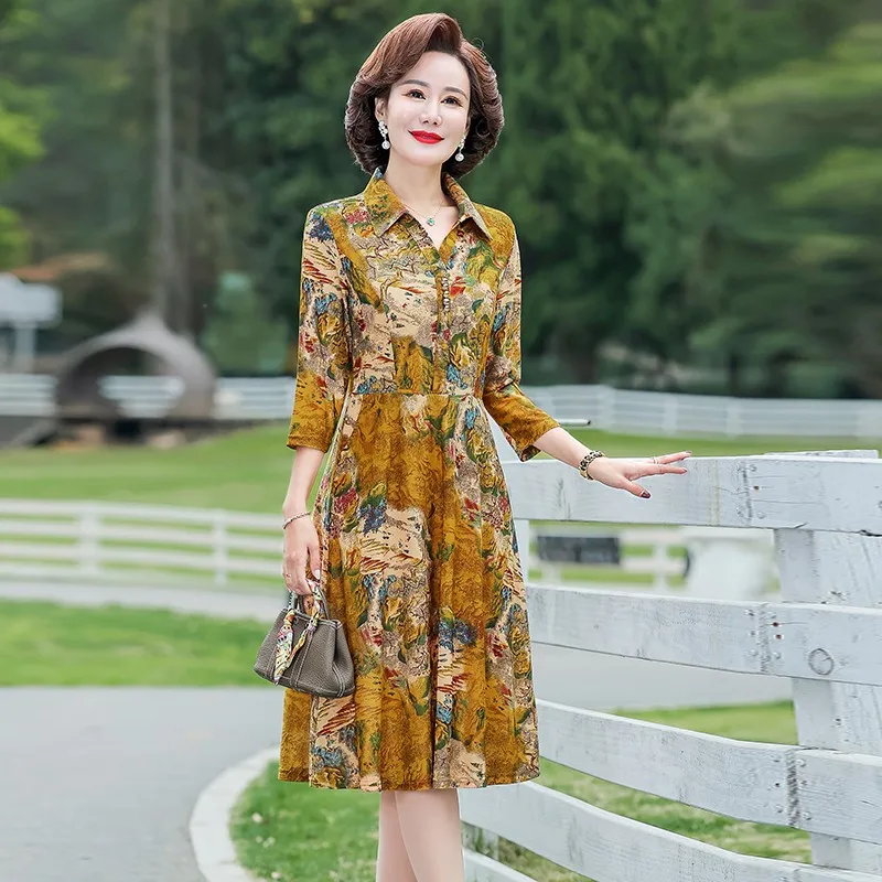 Middle Aged Women Vintage Floral Print Elegant Slim Three Quarter Sleeve /Long Sleeve Shirt Midi Dress Spring Casual Dresses