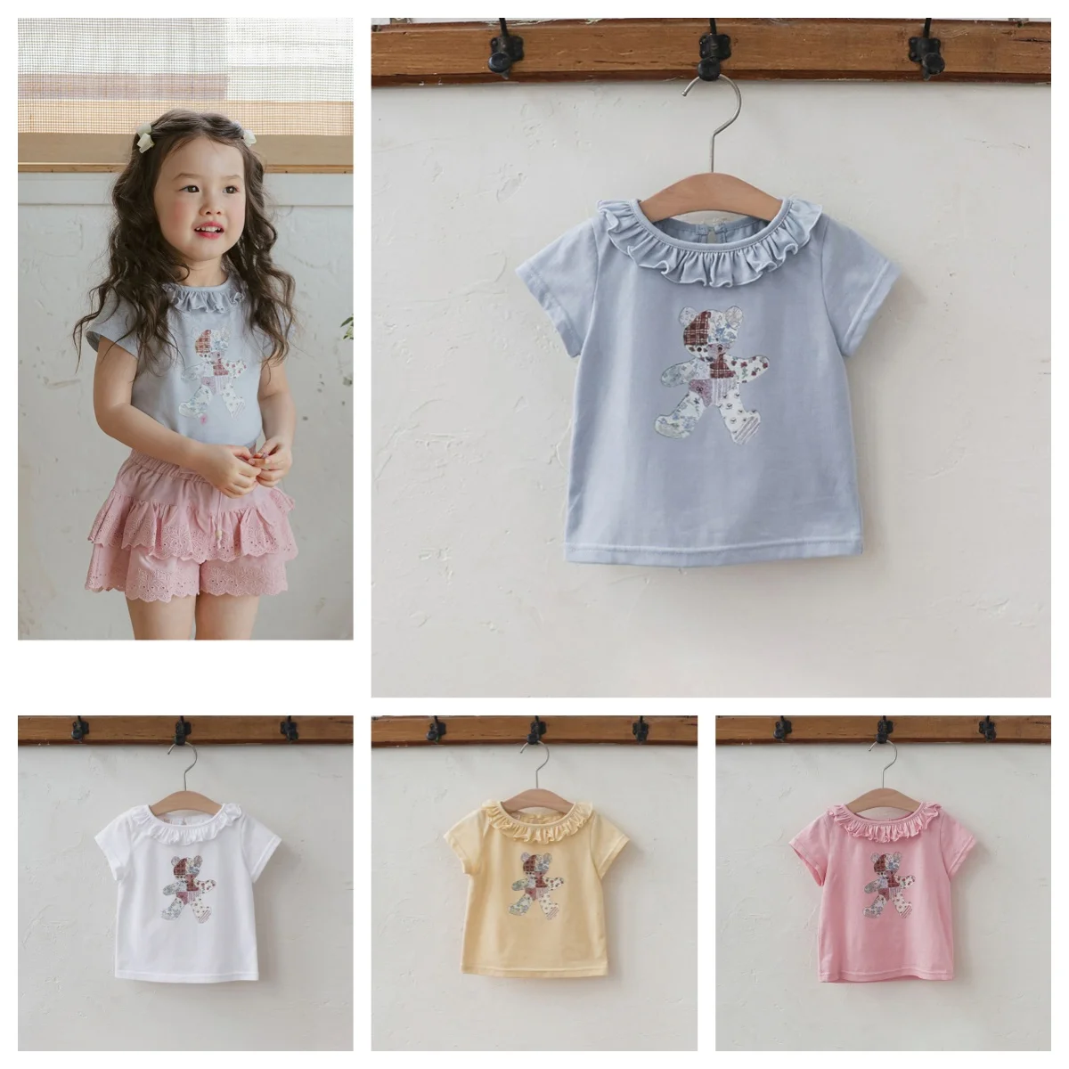 

T-shirt For Kids 2025 Summer Children's Clothing Baby Girl Cotton Lace Bear Round Neck Stretch Short-Sleeved Tops