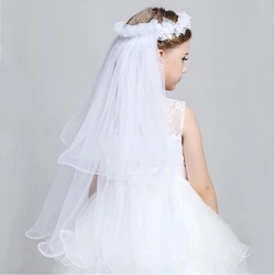 Children Little Princess Hairband Double Layers Tulle Bridal Veils Flowers Garland Ruffles Floral Lace Wedding Party Wreath