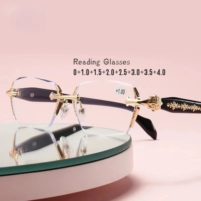Lunettes de lecture Anti-lumière bleue sans bords, mode femmes hommes diamant bord coupé presbyte lunettes Anti-fatigue