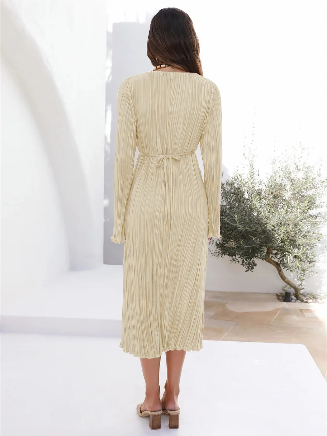 New Autumn Long Sleeve Slim Fit Lace Up Dress Women Flare Sleeves Deep V-Neck High Pleated Party Maxi Dress Bridesmaid Dresses