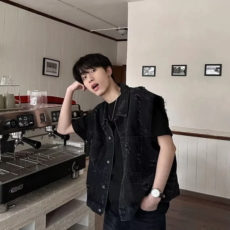 가을 미국 레트로 디스트레스드 베스트 남성 디자인 트렌드 루즈 슬리브리스 탑