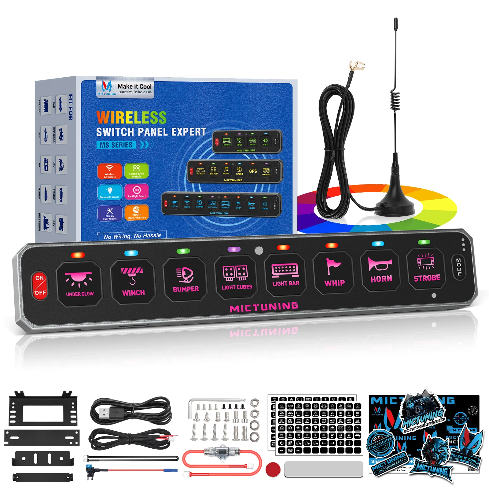 MICTUNING 8 Gang Switch Panel MS-W RGB Wireless,197FT Range Automotive Switch Pod Featuring 4  Control Modes Waterproof for Car