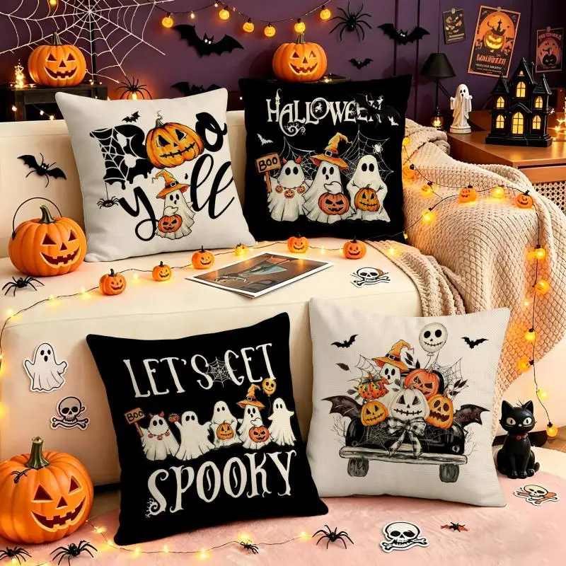 2 Stück Halloween Kürbis-Geist Auto-Print Kissenbezüge aus Polyester für Wohnzimmer-Sofa-Dekoration, Zierkissenbezüge – Detail 3