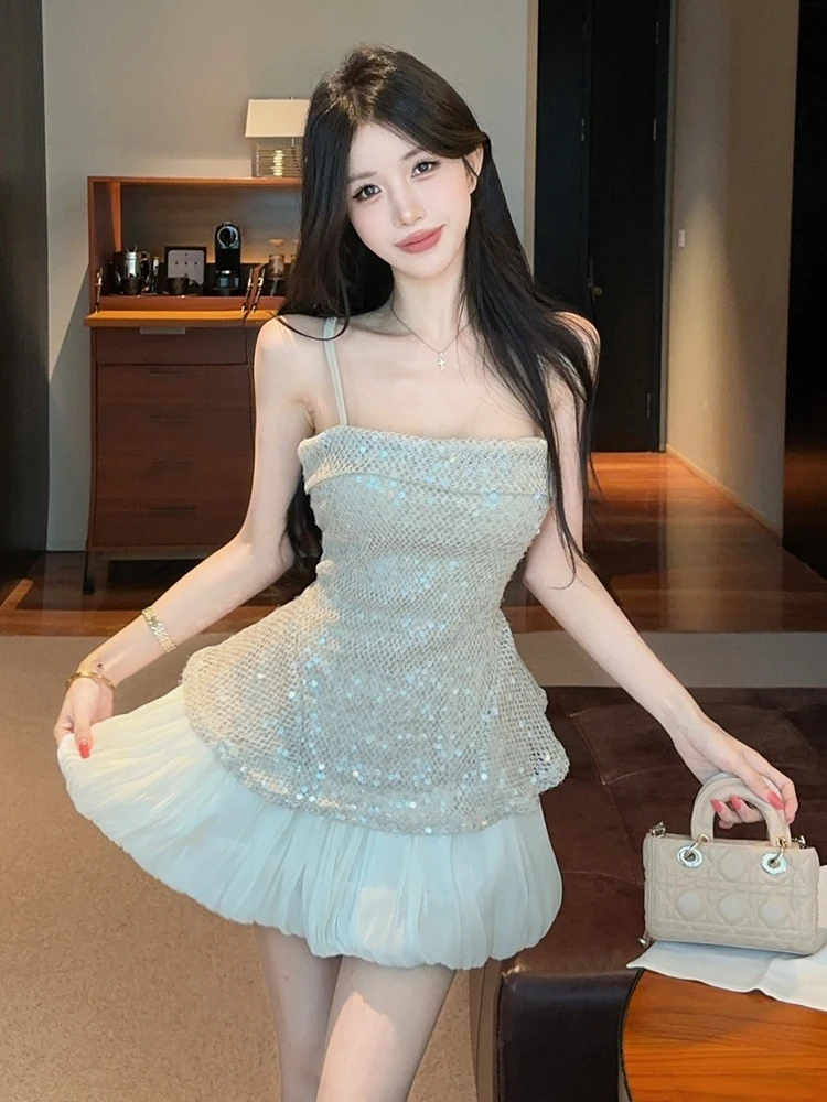 

Sweet Pure Desire Sexy Sparkling Sequin Slimming Crop Top And Short Skirt Set for Young Women Summer Fashion Sexy Style