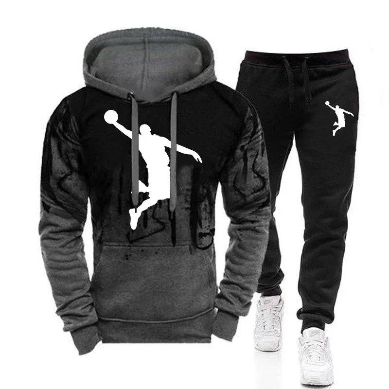 High Quality Mens Tracksuit Casual Splash-ink Hooded Sweatshirt Set Printing Sports Jogging Suit Autumn Warm Street Hot Clothing