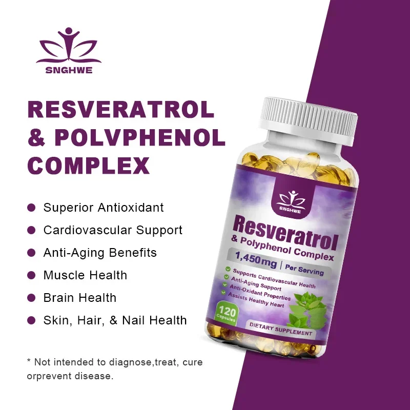 Suplemento cápsula de resveratrol, vitamina C, salud de la piel, antioxidante, apoya la salud general y el metabolismo,