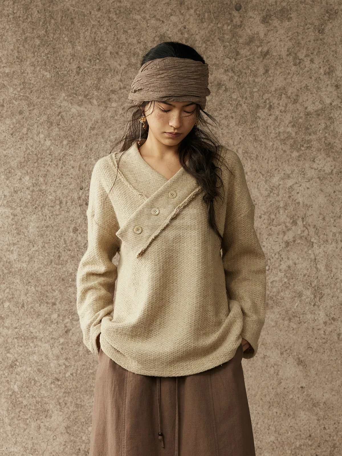 

alpw Morning Wheat Field Traveler Knitted Sweatirt Loose Fit V-Ne Long Sve Polyester Cotton Linen Blend