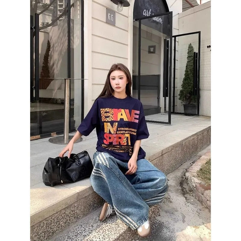 อเมริกัน High Street แนวตั้งผู้หญิงกางเกงยีนส์ลาย Micro Flared เอวสูงหลวม Fit Slimming และกางเกงขากว้างอเนกประสงค์
