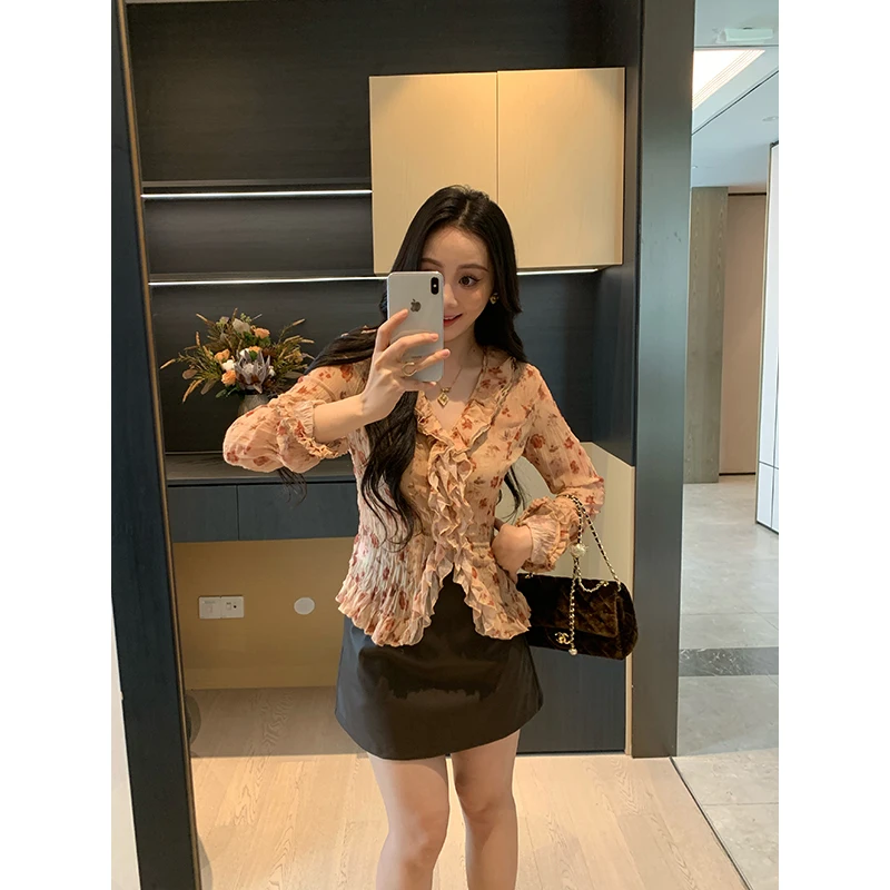 

XIN Long Sve Floral Print Women's Chiffon irt Slimming Waist Design Commute Sle V-Ne Polyester Fiber Straight Cut