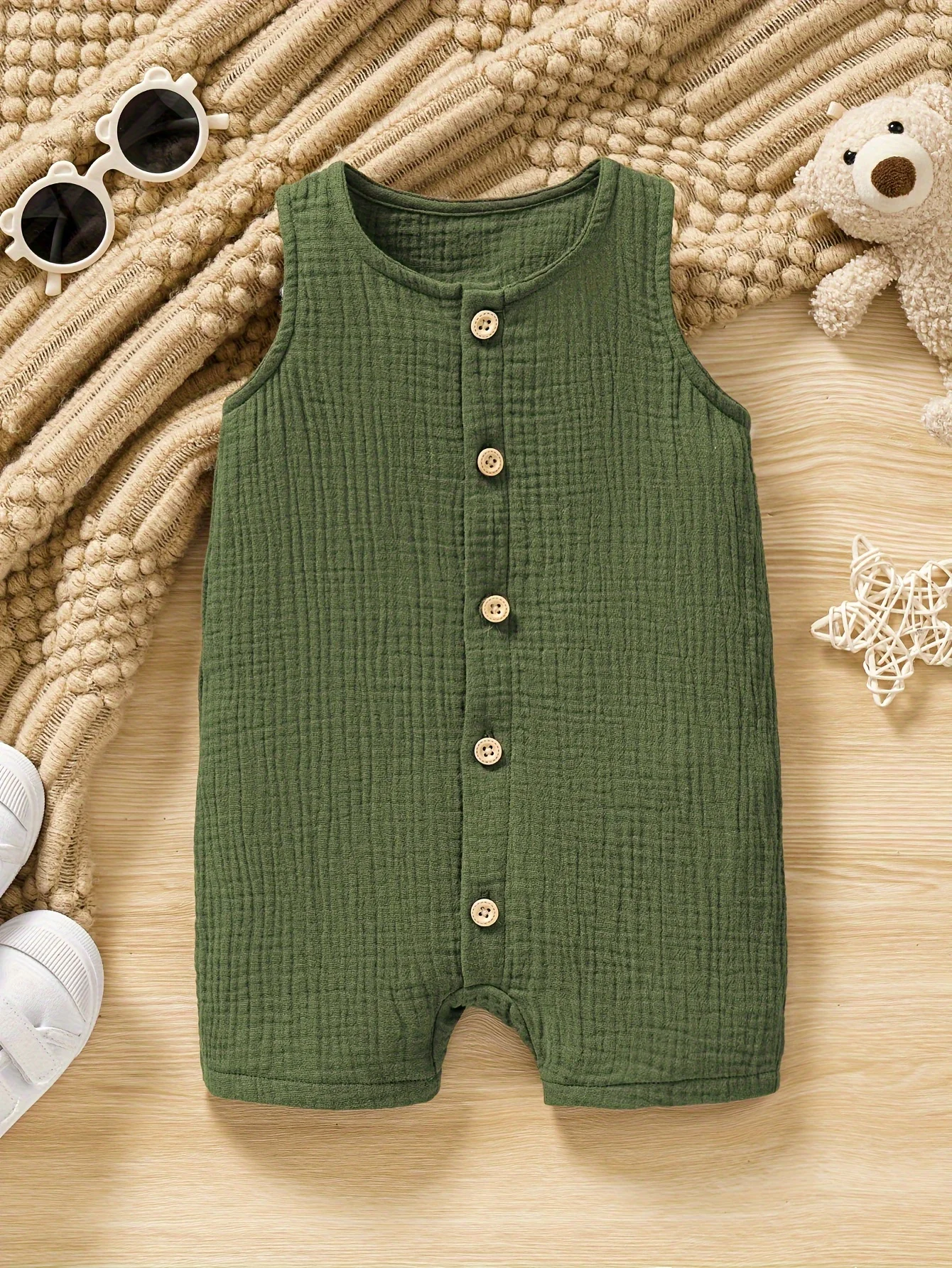 Baby\'s Comfy Cotton Button Front Bodysuit, Casual Solid Color Sleeveless Romper, Toddler & Infant Boy\'s Clothing