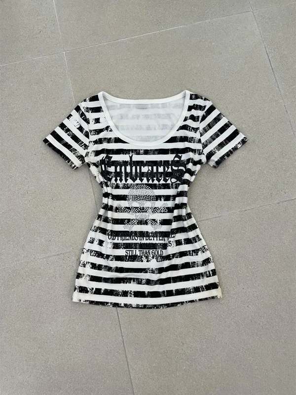 

Gothic Rose Original Spicy Girl Design ort Sve T-irt Summer American Retro Bla Stripe Top Women's Faion Cott...