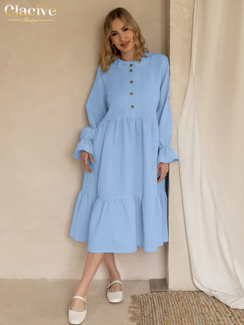 

Clacive Fashion Loose Blue Cotton Women's Dress 2025 Casual O-Neck Long Sleeve Midi Dresses Elegant Classic Solid Female Dress
