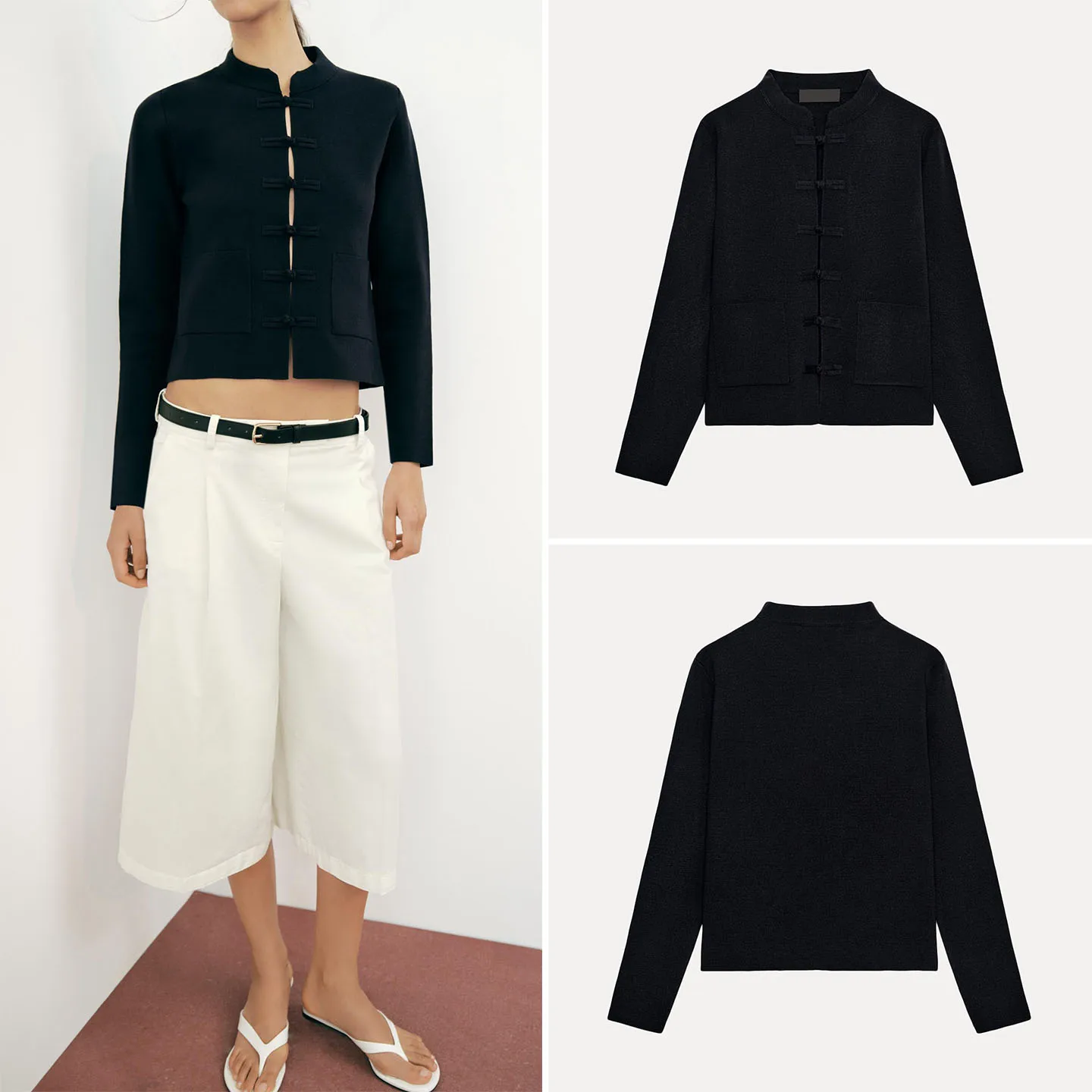 Fashionable Knitted Jacket Women's Autumn 2026 Long Sleeve Stand Collar Rope Knot Decoration Outerwear Standard Fit Zadata