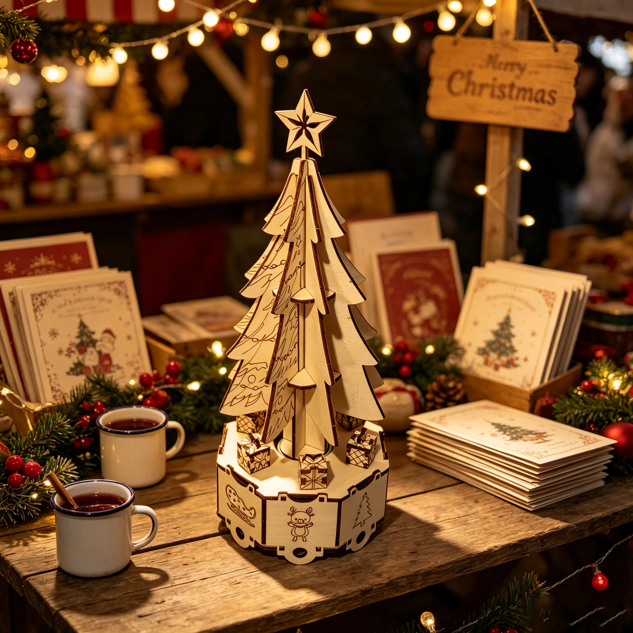 DIY Wooden 3D Puzzle Christmas Tree Music Box, Hand-assembled Rotating Music Model, Christmas Desktop Ornament,