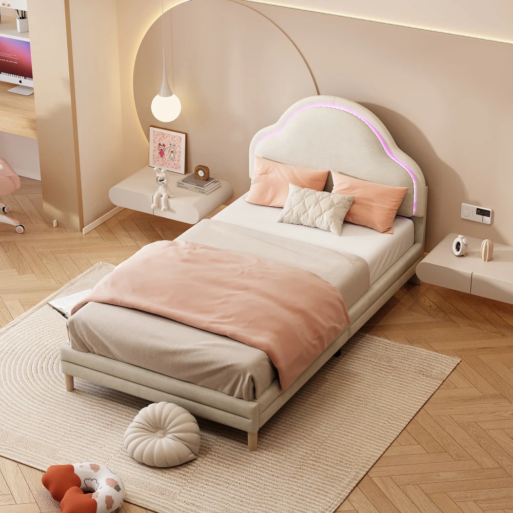 PINGGO Beige Samt Einzelbett 90x200cm Wolkenförmiges Kopfteil Farbwechsel-LED-Streifen Holzlatten Kinderbett Ohne Matratze – Detail 6