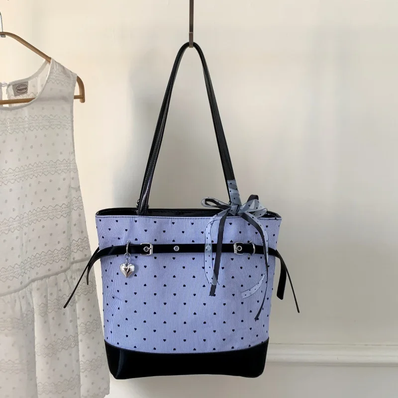 

Женская парусиновая сумка в синюю полоску в горошек, большая вместительная универсальная сумка через плечо, новинка 2025 года, повседневный женский рюкзак для поездок на работу