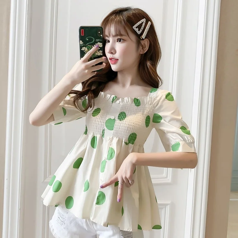 

Fashion Korean Short-sleeved Polka Dot Shirt Women's Summer Fashion New Slim Chiffon Blouse Printing Top Female