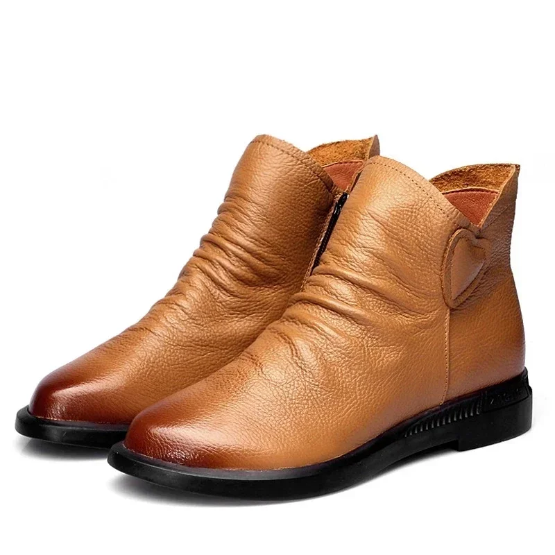 BEYARNE British Style Genuine Cow Leather Women Ankle Boots Autumn Fashion Pleated Side Zipper Short Boots Women Flats Shoes