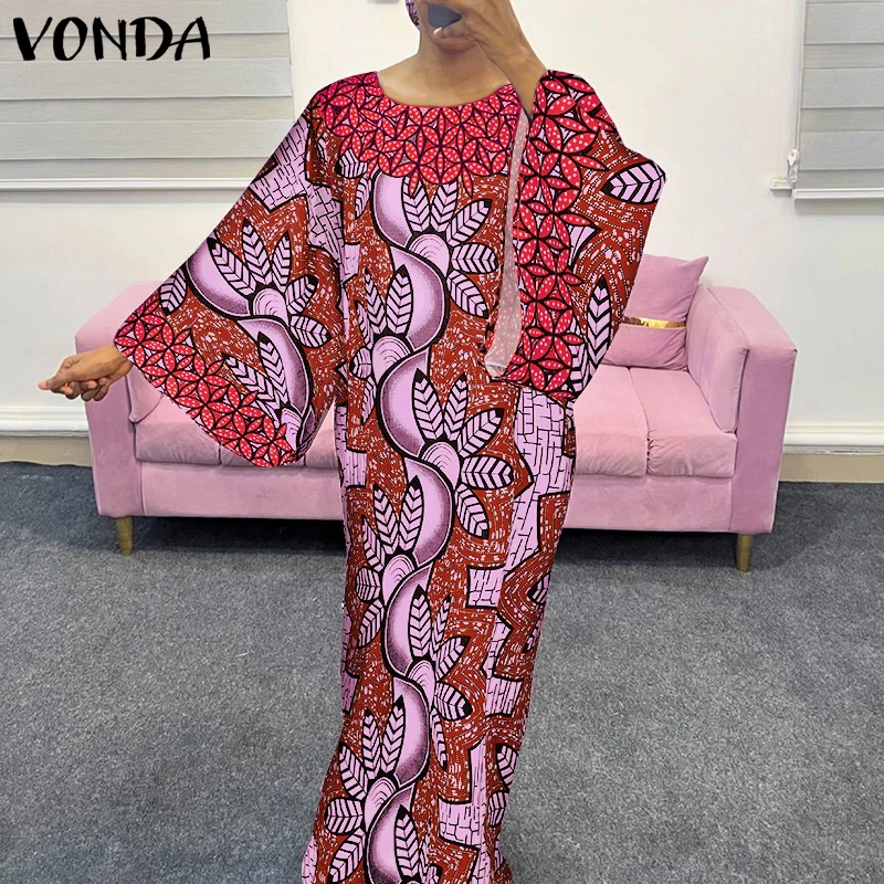 

Платье макси VONDA больших размеров 5XL, женское, в богемном стиле, с принтом, элегантное, с расклешенными рукавами, нарядное, с круглым вырезом, винтажное, для вечеринок, женское