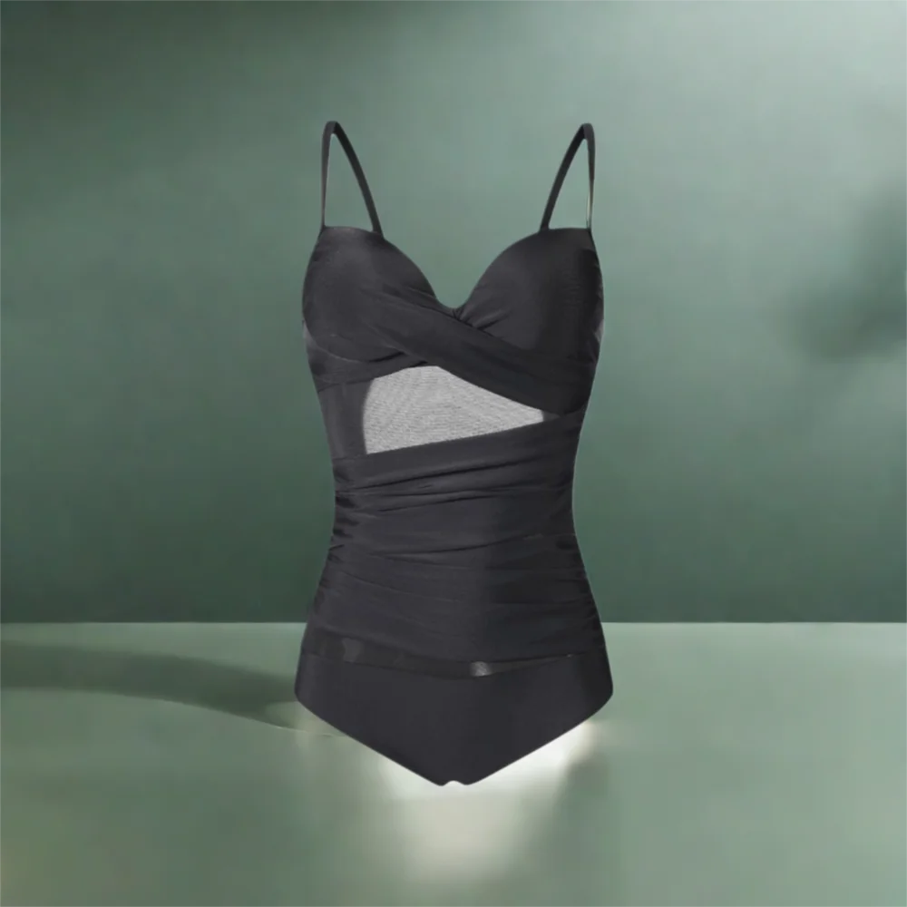 

Fashion Transparent Slim Fit Swimsuit V-neck Pleated Bathing Swimwear Suit Beachwear Clothing Mesh Jumpsuit Bikini Vacation