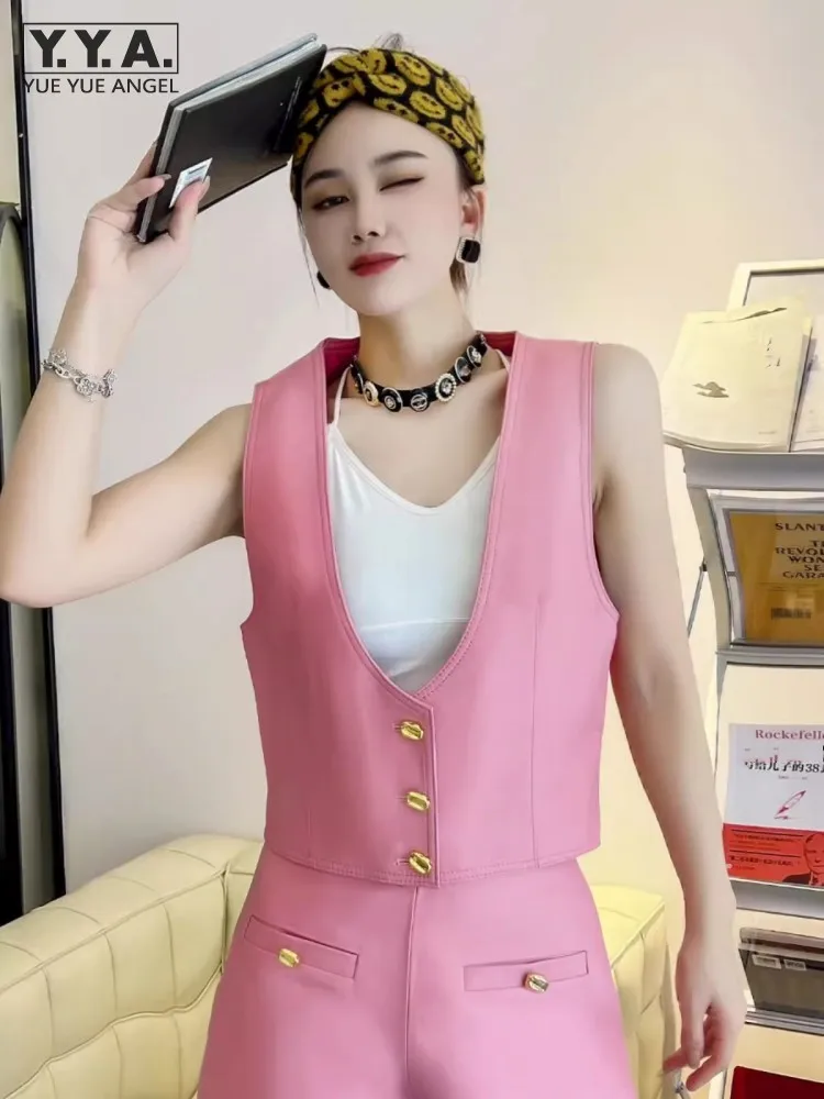 

Pink Women Casual Single Breasted Short Style Vest Top Sleeveless Jacket V Neck Sheepskin Genuine Leather Waistcoat Colors Vests