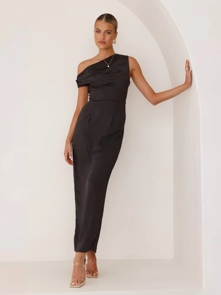 2025 verão moda nova feminina elegante estilo de deslocamento ombro inclinado cetim médio a longo vestido longo sob medida