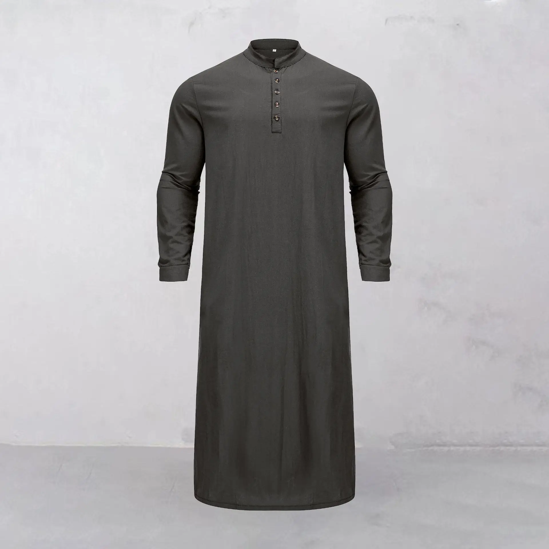 Long Sleeved Middle Eastern Men's Robe Muslim Solid Pattern Polyester Embroidered Stand Collar Arabic Loose Fit Ethnic Bandana