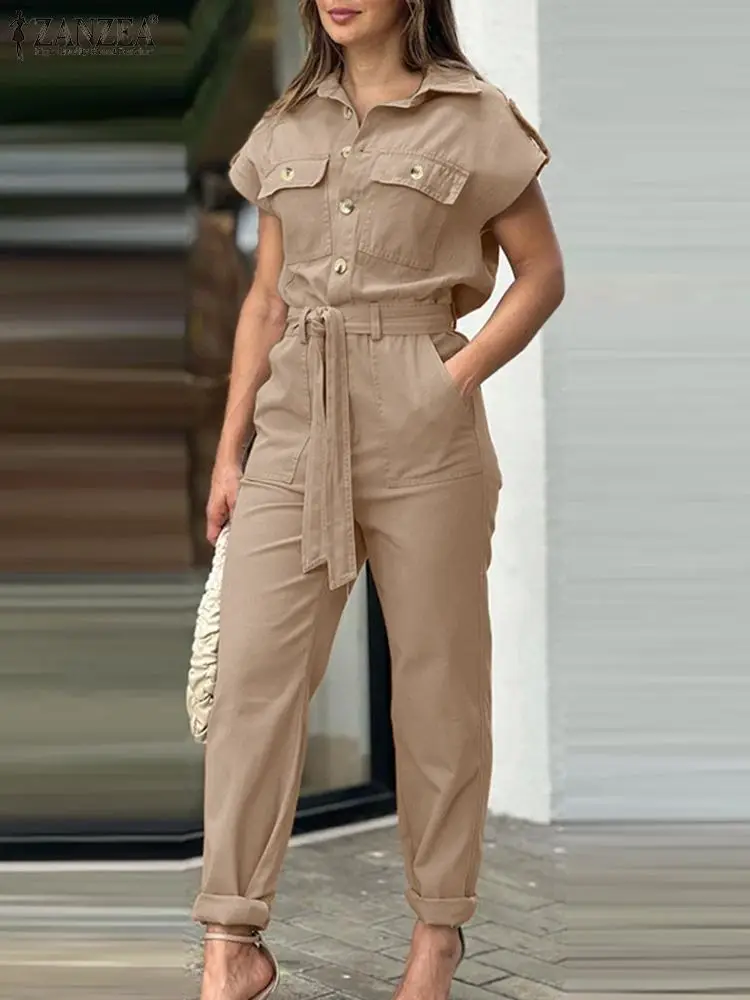 Summer Rompers ZANZEA Fashion Women Cargo Jumpsuits Vintage Short Sleeve Lapel Neck Playsuits Casual Solid Long Overalls Trouser