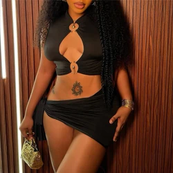 Women's sexy ultra short skirt set sleeveless hollow top irregular lace up short skirt