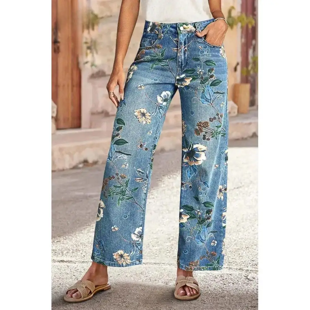 

Women's jeans, trendy high-street American loose wide-leg straight pants with floral print