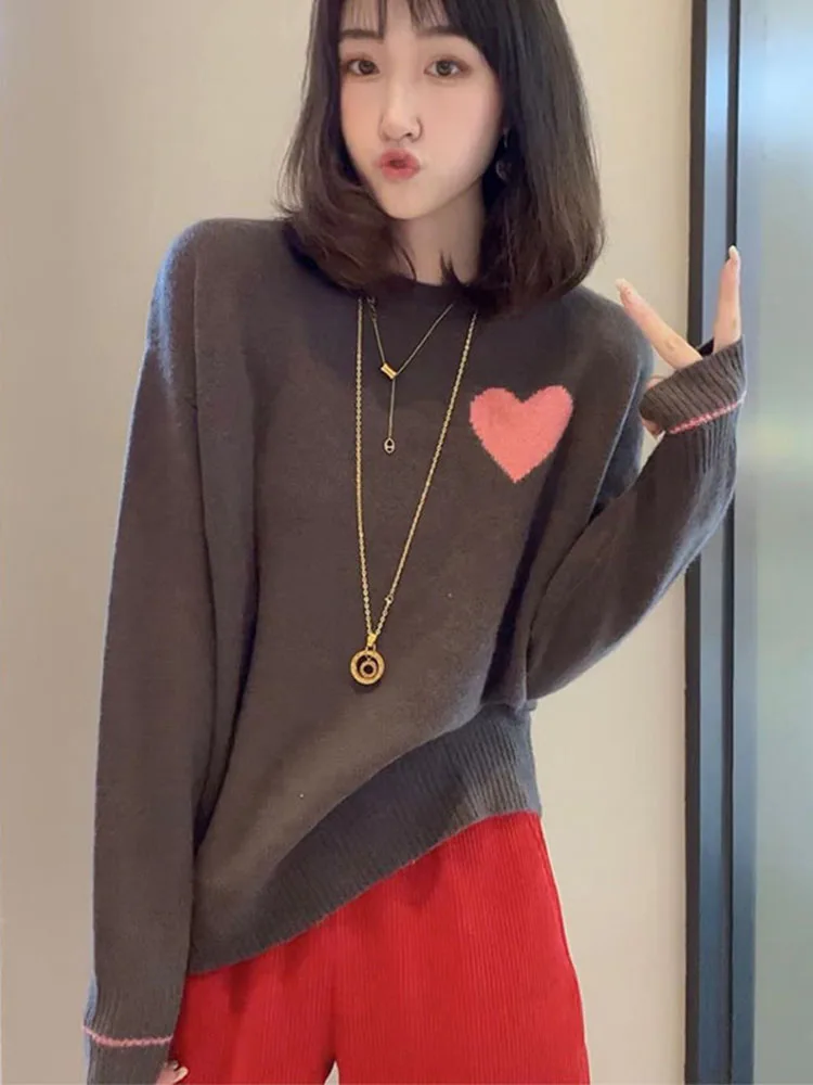 Patrón de amor impreso largo Sve suéter de punto de lana suave suelto Casual Otoño Invierno Anti-envejecimiento Quali Base irt Mujer F...