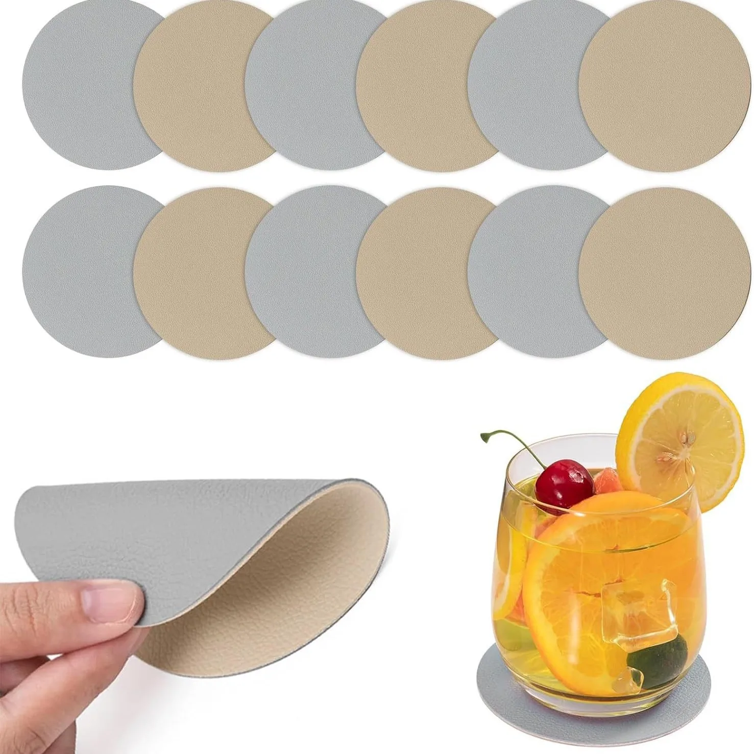 【12 Pcs Premium Coaster Set】Thick Round Heatproof Pads,2-Layer Leather with Waterproof Base, for Hot Cups, Home Decor, Hotel Use
