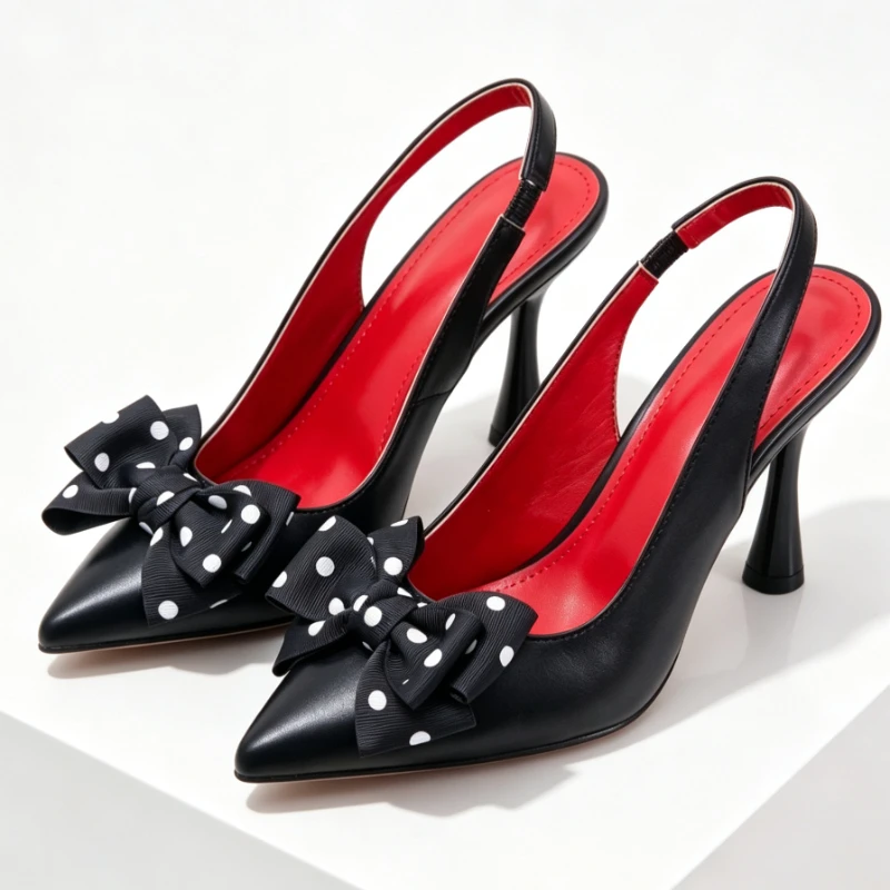 Polka-Dot Bow-Detail Slingback High-Heels for Ladies Sexy Pointed-Toe Designer Women's Pumps Autumn Winter Elegant Women's Shoes