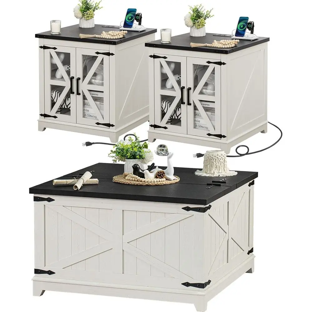 

3-Piece Farmhouse Coffee Table Set with Charging and Storage, White Wood Living Room Furniture
