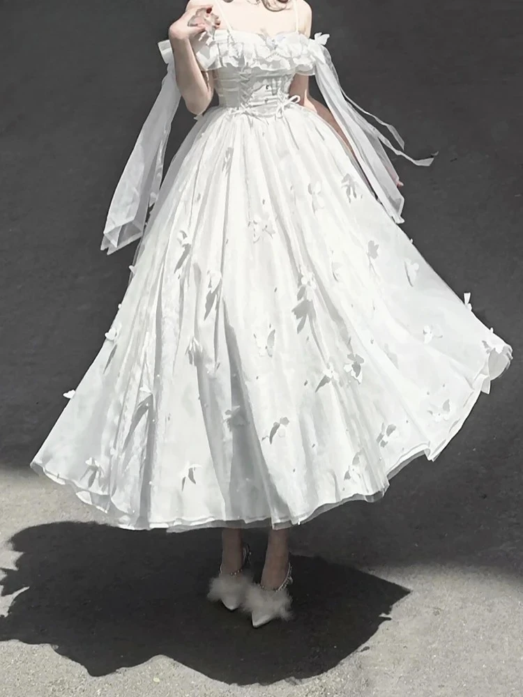 Elegant and Sweet Lady White Lolita Bow Off-shoulder Slimming Dress French Style White High Waist Princess Long Dresses 2025Hot