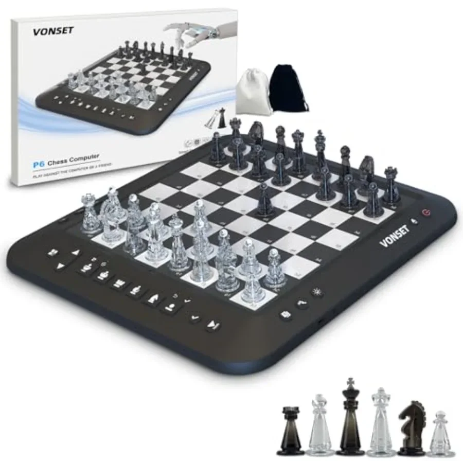 

Electronic Chess Board for Home Classroom Use, ABS Plastic, Black with Blue LED, Magnetic Pieces Voice Guidance